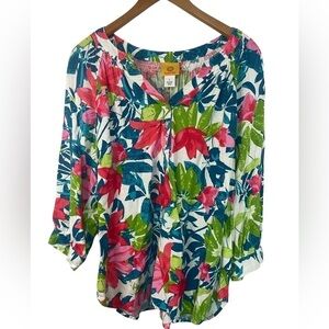 Ruby Rd linen blend tropical print blouse. Bright and loose fitting. Womens L